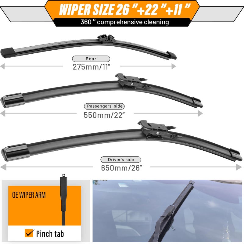 AUTOBOO 3 Wiper Blades Replacement for Ford Explorer 2011-2018 2019 2020 2021 2022 2023 2024,Original Equipment Replacement Front and Rear Windshield Wiper Blade - Pinch Tab 26"/22"/11" (Set of 3) - Image 3